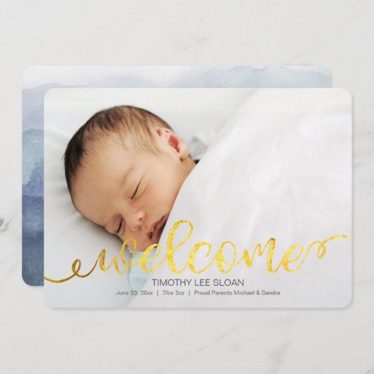 金ゴールド手書きベビー誕生写真のお知らせ 案内状 (正面/裏面)