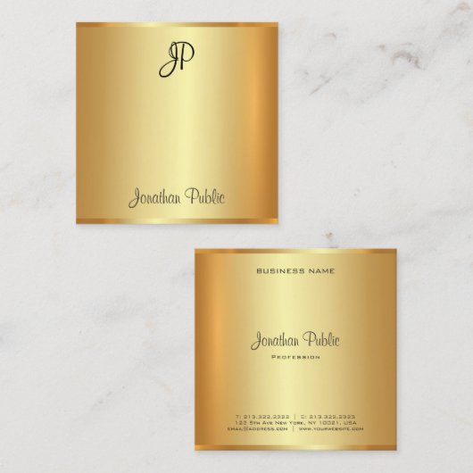 金ゴールド手書きモダンスクリプモノグラムのト スクエア名刺 (正面/裏面)