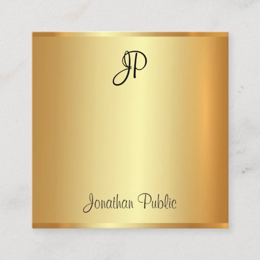 金ゴールド手書きモダンスクリプモノグラムのト スクエア名刺 (正面)