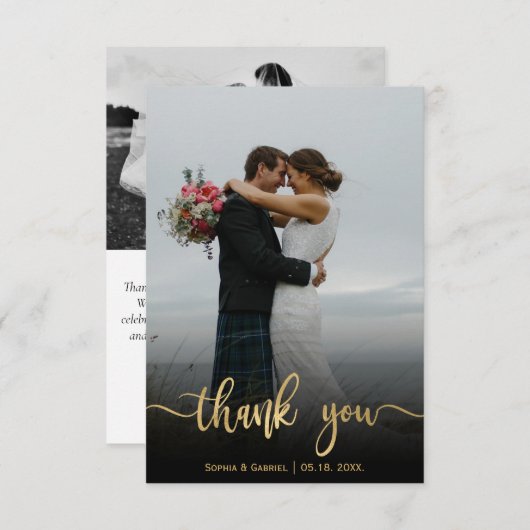 金ゴールド手書き結婚スクリプトの写真 サンキューカード (正面/裏面)