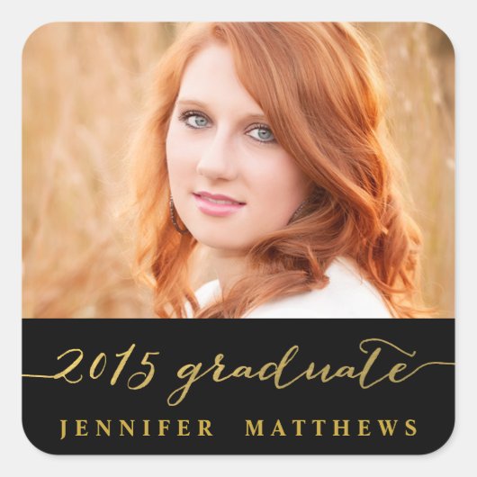 金ゴールド手書き |写真卒業ステッカー スクエアシール (正面)