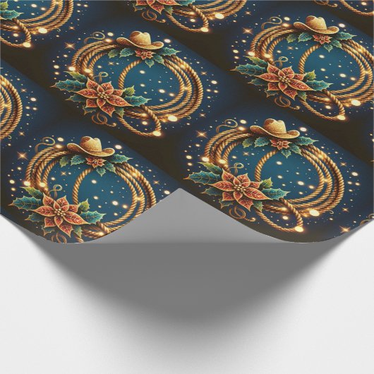 金ゴールド投げ縄カウボーイハットとポインセティアスのクリスマス ラッピングペーパー (角)