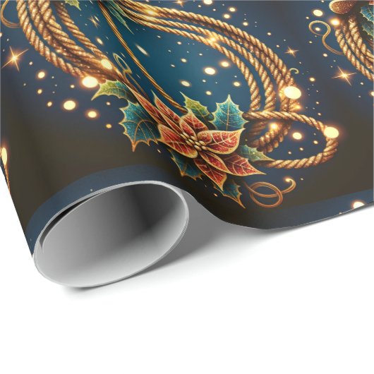 金ゴールド投げ縄カウボーイハットとポインセティアスのクリスマス ラッピングペーパー (ロールコーナー)