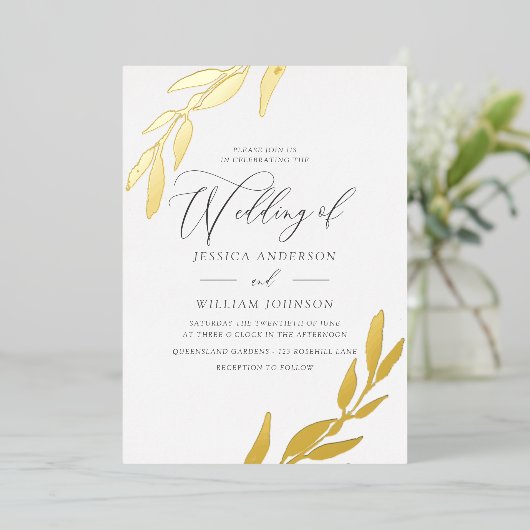 金ゴールド押されたホイルの葉の最高にエレガントな結婚式 箔招待状 (立ち正面)