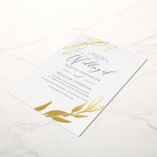金ゴールド押されたホイルの葉の最高にエレガントな結婚式 箔招待状 (回転した状態)