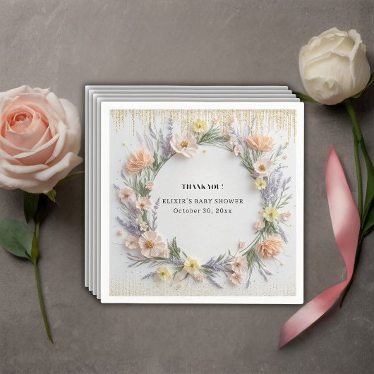 金ゴールド押しワイルドフラワーの開花ベビーシャワー スタンダードカクテルナプキン