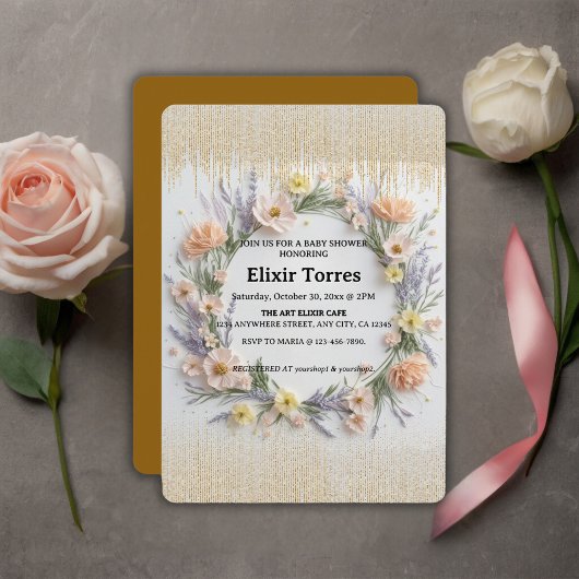 金ゴールド押しワイルドフラワーの開花ベビーシャワー 招待状