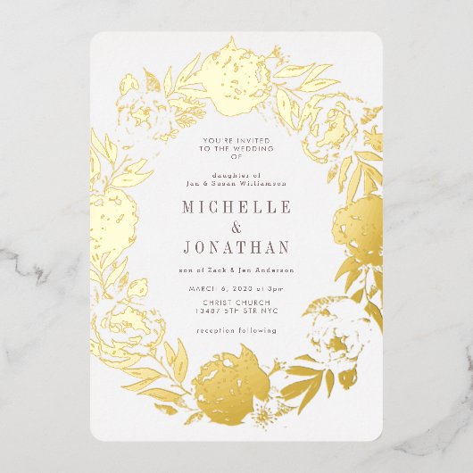 金ゴールド押し花リース結婚ズ 箔招待状 (正面)