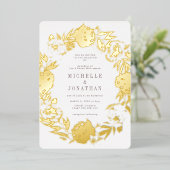金ゴールド押し花リース結婚ズ 箔招待状 (立ち正面)