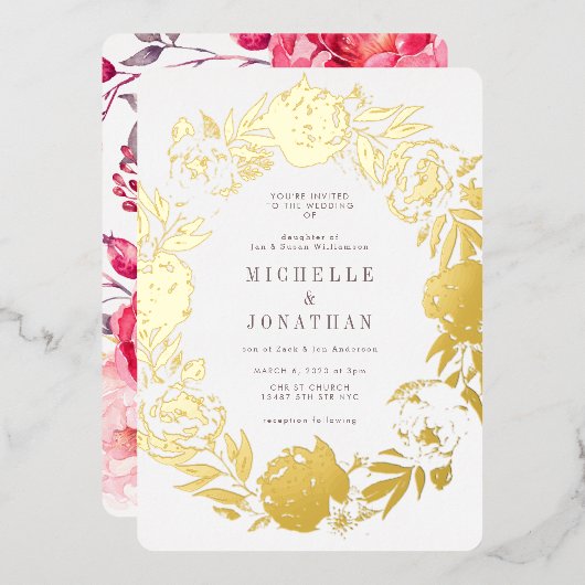 金ゴールド押し花リース結婚ズ 箔招待状 (正面/裏面)