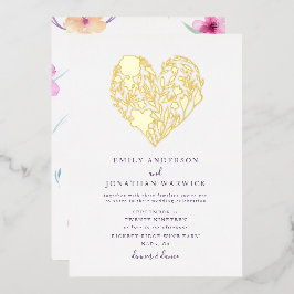 金ゴールド押し花植物性ハート結婚ズ 箔招待状
