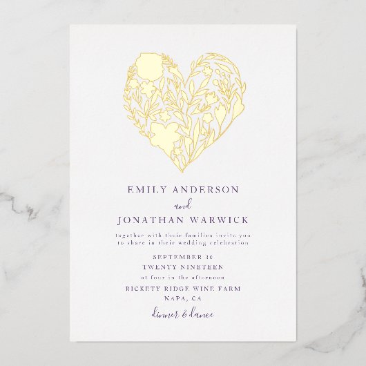 金ゴールド押し花植物性ハート結婚ズ 箔招待状 (正面)