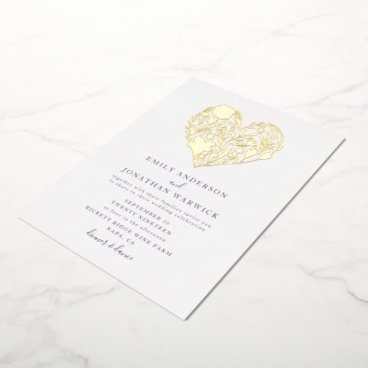 金ゴールド押し花植物性ハート結婚ズ 箔招待状 (回転した状態)