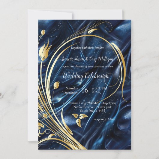 金ゴールド抽象芸術の花Simmery Blue Silk 招待状 (正面)