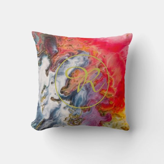金ゴールド抽象芸術アートレッド、バイオレットイエローブルーモノグラム クッション (正面)
