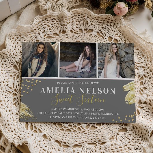 金ゴールド抽象芸術フォトコラージュスウィート16誕生日 招待状