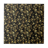 金ゴールド抽象芸術フローラ（黒い背景） タイル (正面)