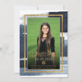 金ゴールド抽象芸術ブルーフォトバルミツワー日付を保存 招待状 (正面)