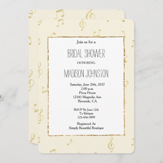 金ゴールド抽象芸術ミュージックノートブライダルシャワー 招待状 (正面/裏面)