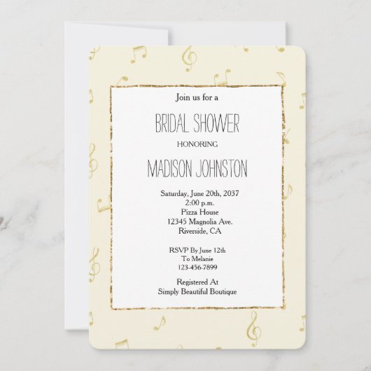 金ゴールド抽象芸術ミュージックノートブライダルシャワー 招待状 (正面)