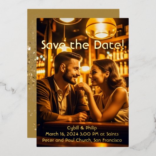 金ゴールド救のDate Foil結婚招待状 箔招待状 (正面/裏面)