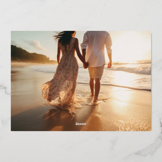 金ゴールド救日のエレガントクラシック写真結婚の写真 箔招待状 (裏面)