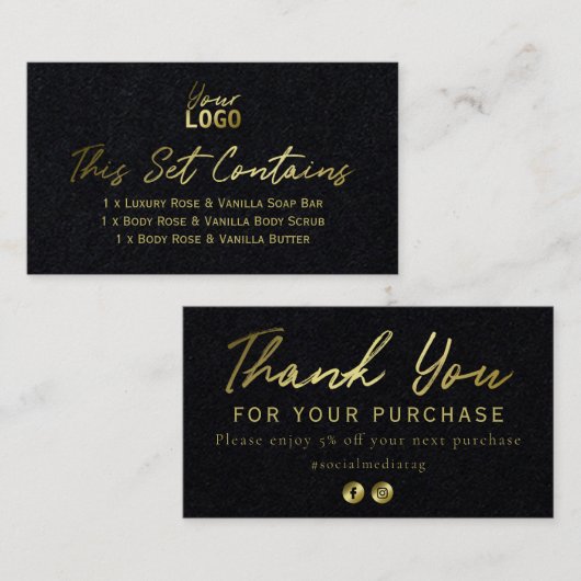 金ゴールド文字の手作りスパがブラックカードにセット 名刺 (正面/裏面)