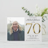金ゴールド文字グシンプルレイクラスフォト70誕生日 招待状 (スタンド正面)