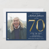 金ゴールド文字ネイビーブルークラスフォト70誕生日 招待状 (正面)