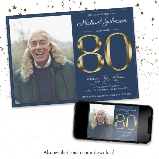 金ゴールド文字ネイビーブルークラスフォト80誕生日 招待状