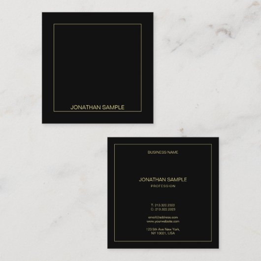 金ゴールド文字名エレガント黒テンプレートモダン スクエア名刺 (正面/裏面)