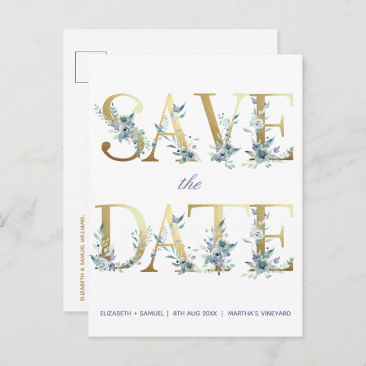 金ゴールド文字青い水色の花 案内ポストカード (正面/裏面)