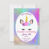 金ゴールド斑点水彩フローラユニコーン誕生日 招待状 (正面)