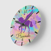 金ゴールド斑紫カラフル一角獣 ラウンド壁時計 (傾斜)