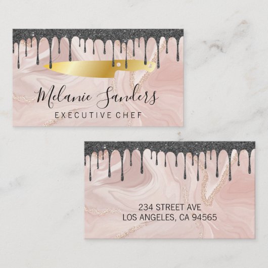 金ゴールド料理用ナイフ |ピンクの大理石とアイシング 名刺 (正面/裏面)