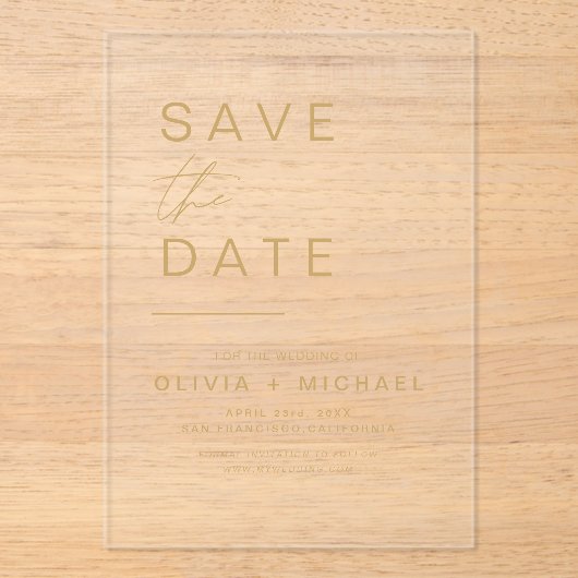 金ゴールド日付のミニマルエレガントリストスクリプトの保存 アクリル招待状 (正面)