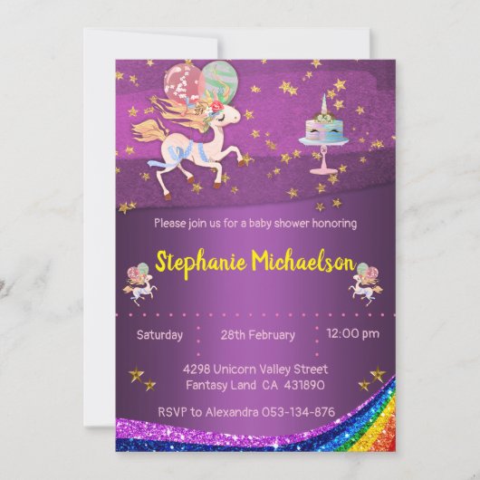 金ゴールド星と紫ユニコーン赤ちゃんシャワー 招待状 (正面)