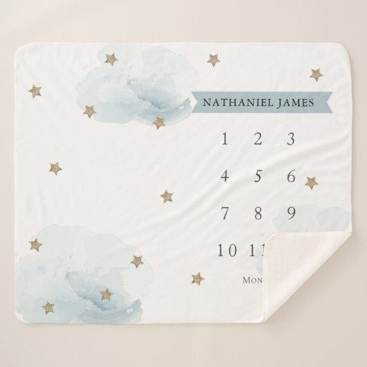 金ゴールド星と雲の青い少年の月次マイルストーン シェルパブランケット (正面(横))