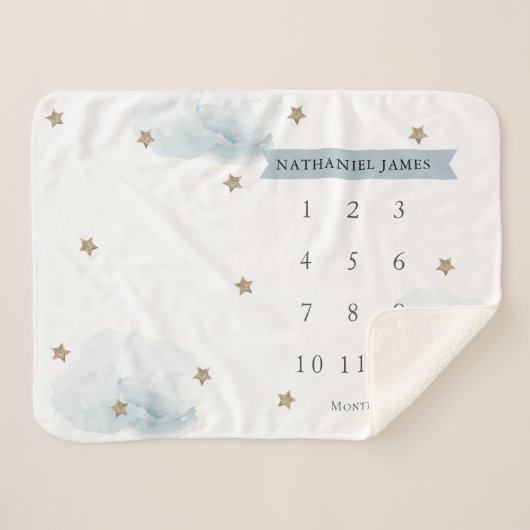 金ゴールド星と雲の青い少年の月次マイルストーン シェルパブランケット (正面(横))