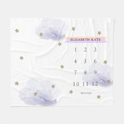 金ゴールド星と雲ラベンダー月次マイルストーン フリースブランケット (正面(横))