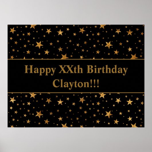 金ゴールド星メッセージ付き黒誕生日 ポスター (正面)