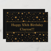 金ゴールド星メッセージ付き黒誕生日 招待状 (正面/裏面)