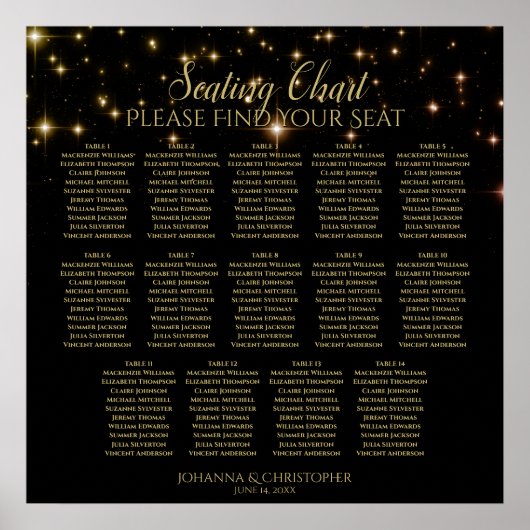 金ゴールド星付き黒結婚の14テーブル座席表 ポスター (正面)