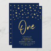 金ゴールド星 | ネイビーブルーワン誕生日パーティー 招待状 (正面/裏面)
