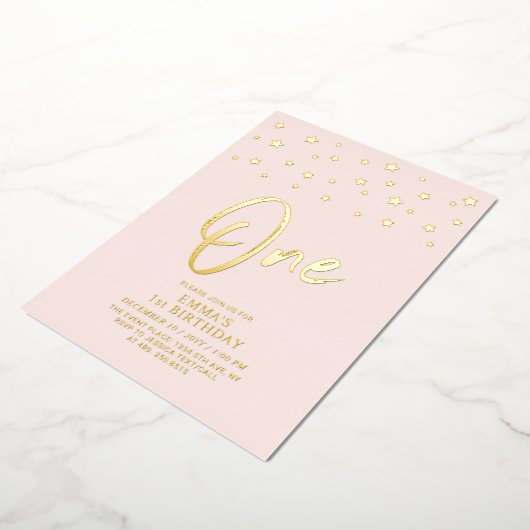 金ゴールド星 | ピンクワンの誕生日パーティー 箔招待状 (回転した状態)