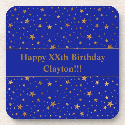 金ゴールド星(メッセージ付き青誕生日) コースター (正面)