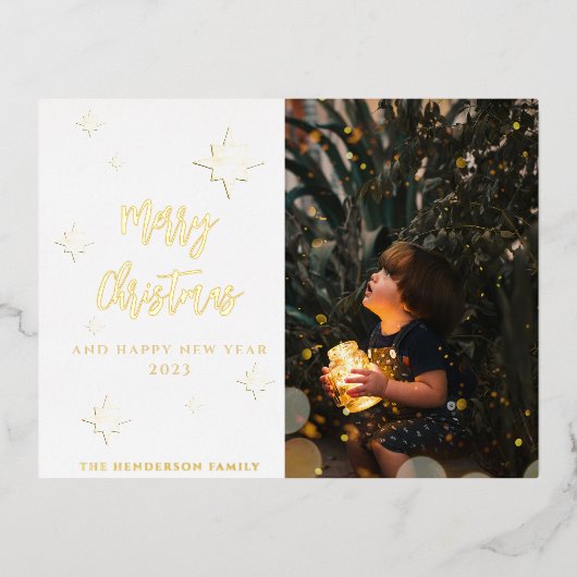 金ゴールド星 |メリークリスマス&新年 |カスタム 箔シーズンポストカード (正面)