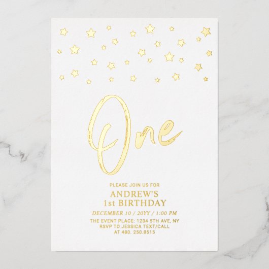 金ゴールド星 | 1歳の誕生日パーティー 箔招待状 (正面)