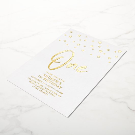 金ゴールド星 | 1歳の誕生日パーティー 箔招待状 (回転した状態)