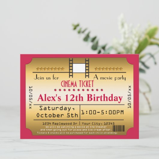 金ゴールド映画チケットシネマフィルムストリップ招待状 招待状 (スタンド正面)